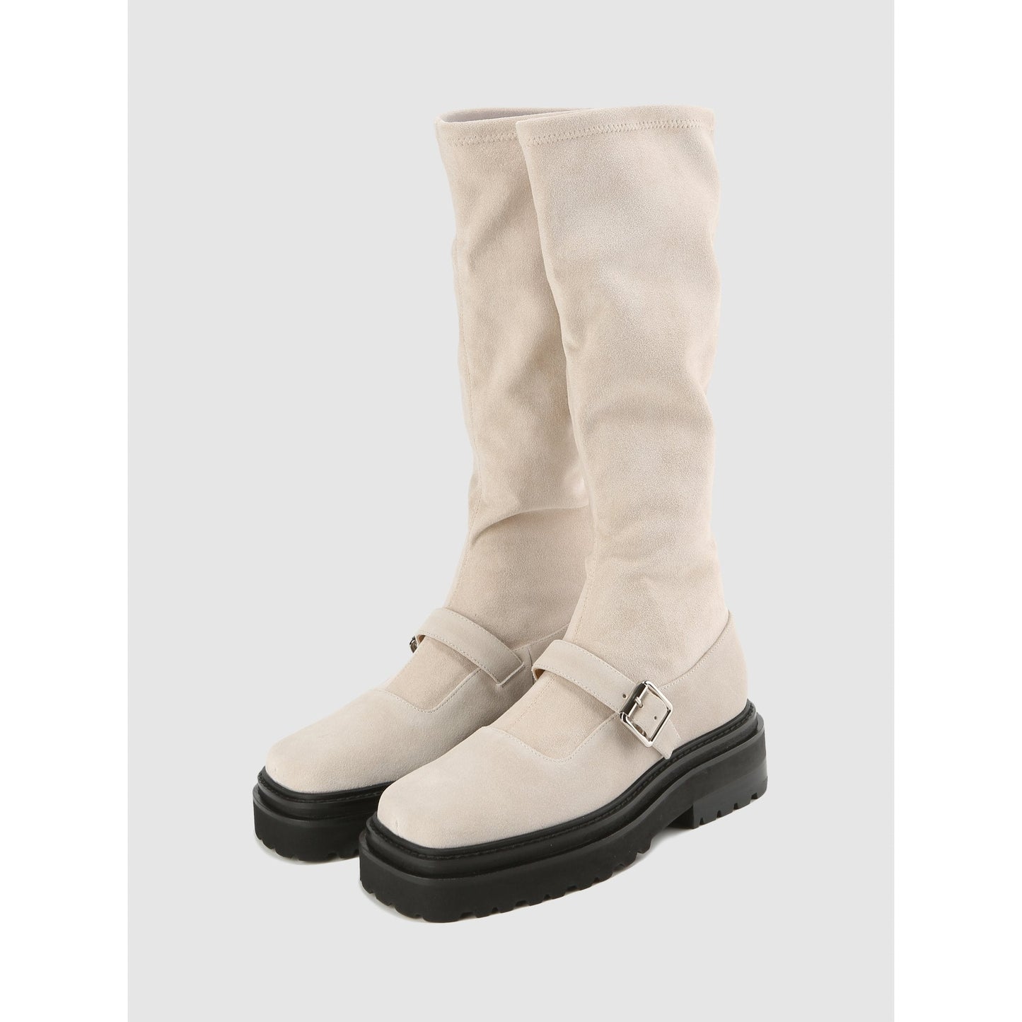 Women Squared-Toe Knee-High Mary-Jane Boots - Ivory