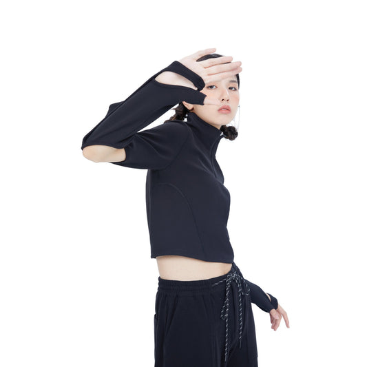 Women Top with Detachable Gloves - Black