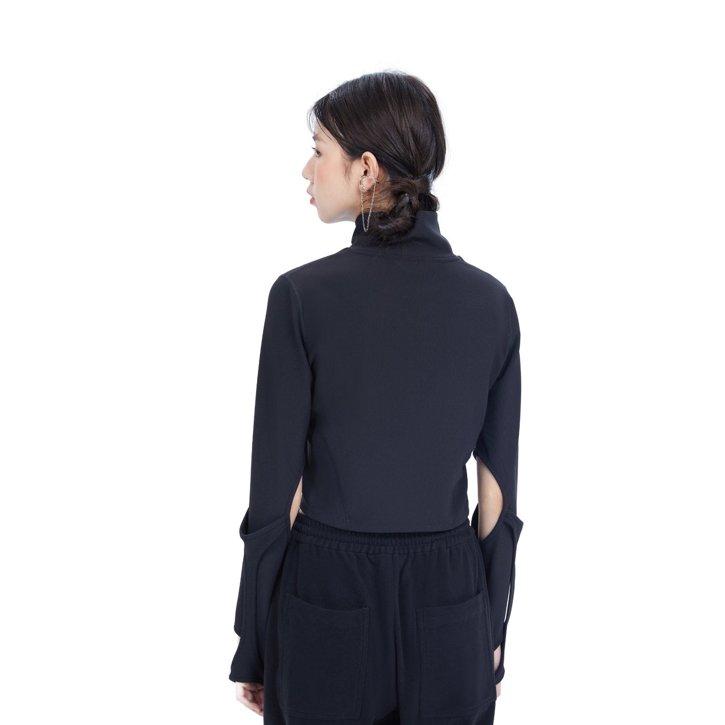 Women Top with Detachable Gloves - Black