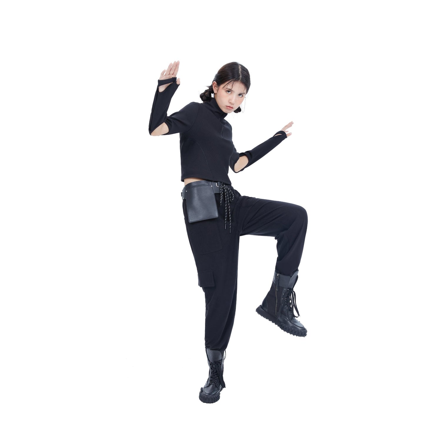 Women Top with Detachable Gloves - Black