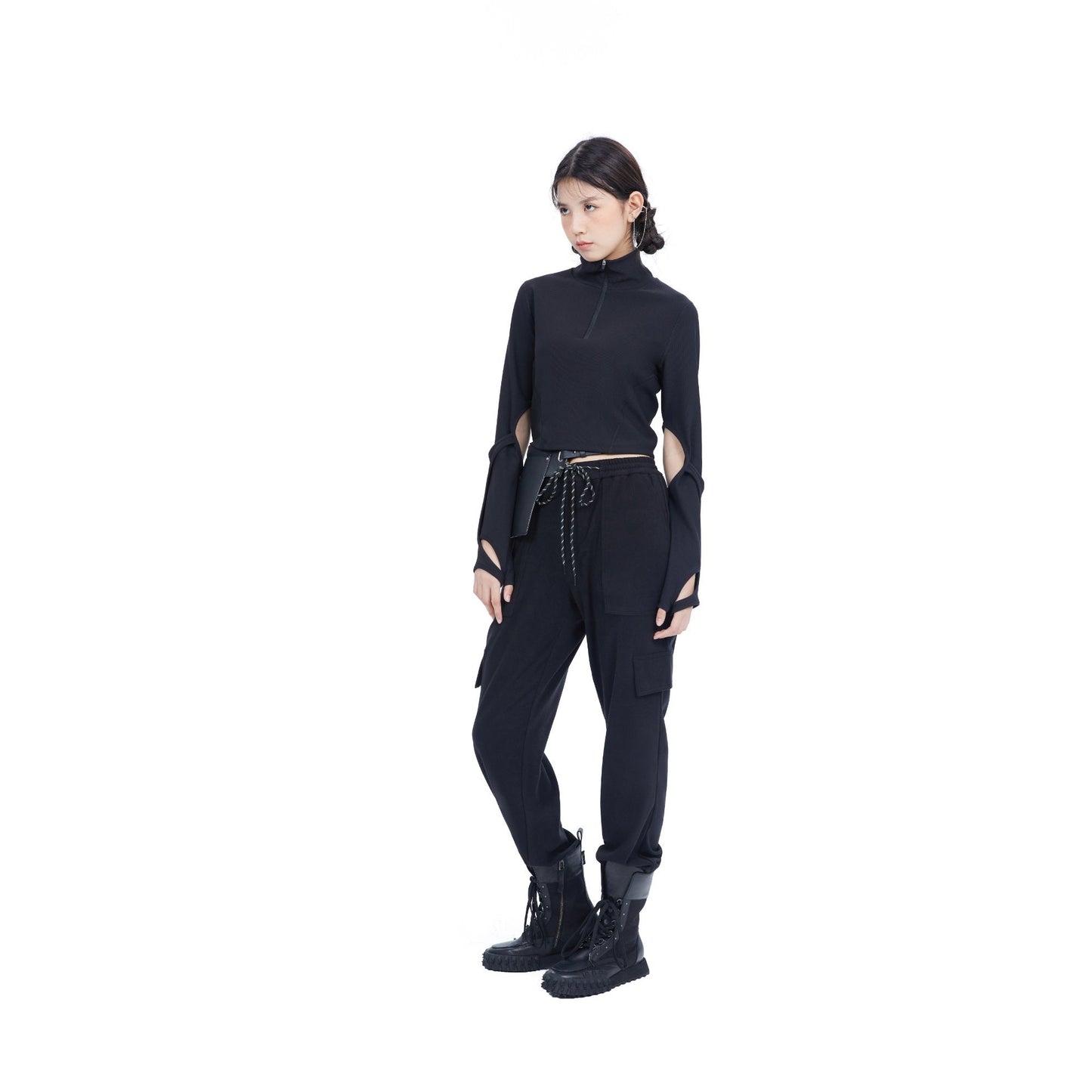 Women Top with Detachable Gloves - Black