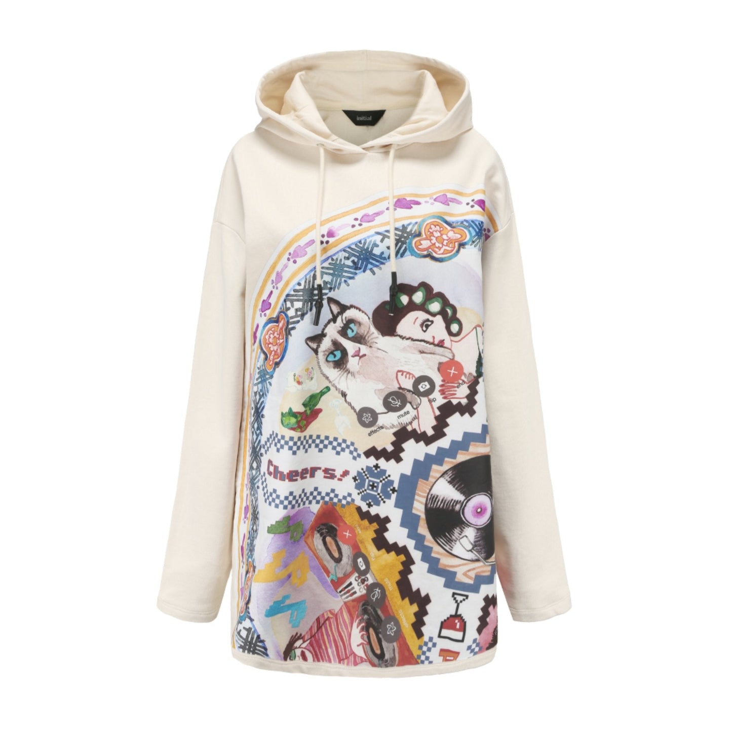 Women Retro Graphic Patched Oversize Hoodie - Ivory