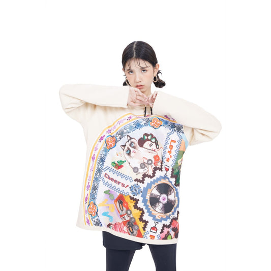 Women Retro Graphic Patched Oversize Hoodie - Ivory