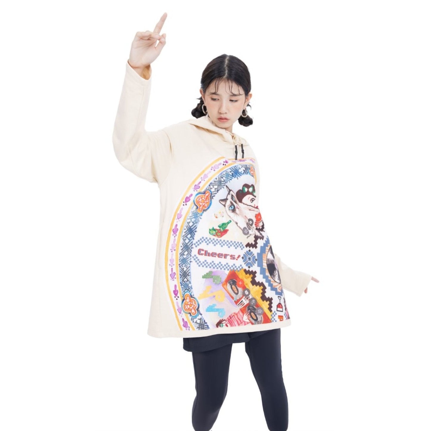 Women Retro Graphic Patched Oversize Hoodie - Ivory