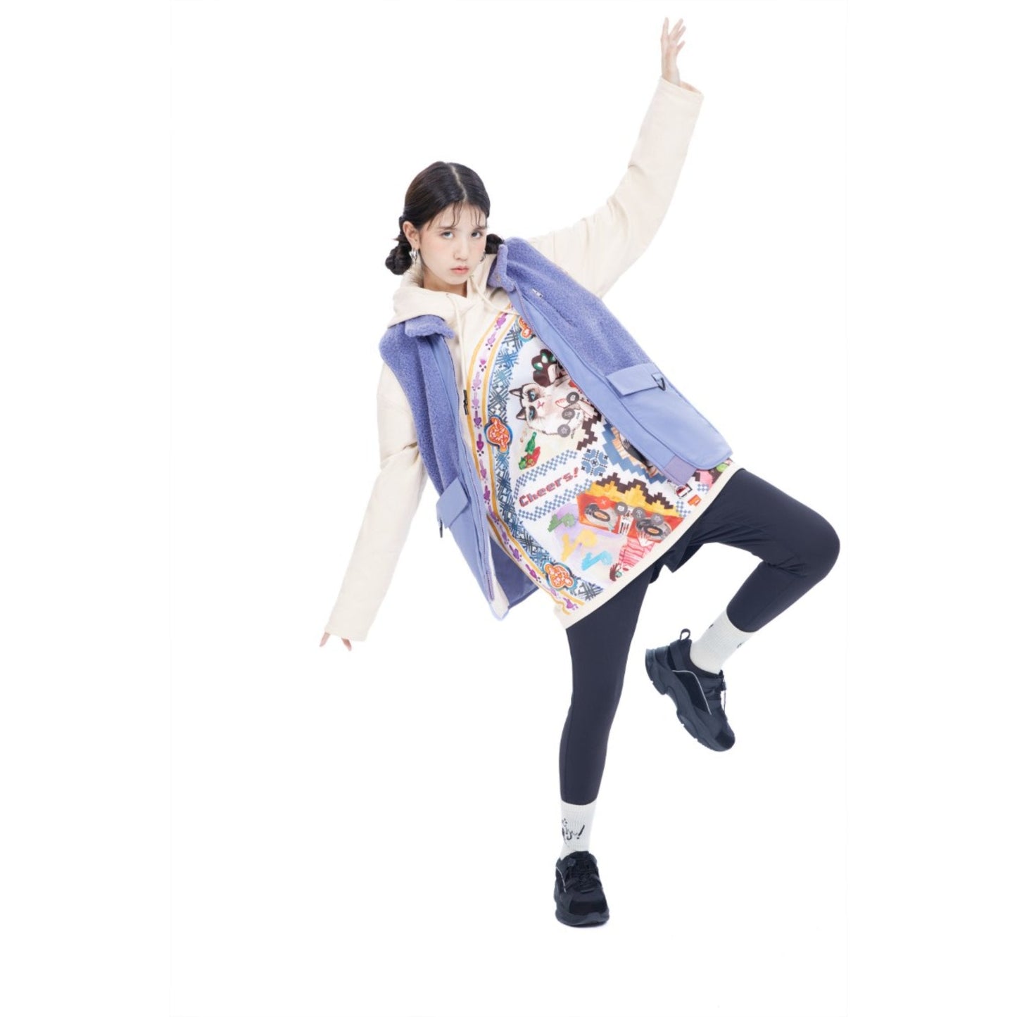 Women Retro Graphic Patched Oversize Hoodie - Ivory