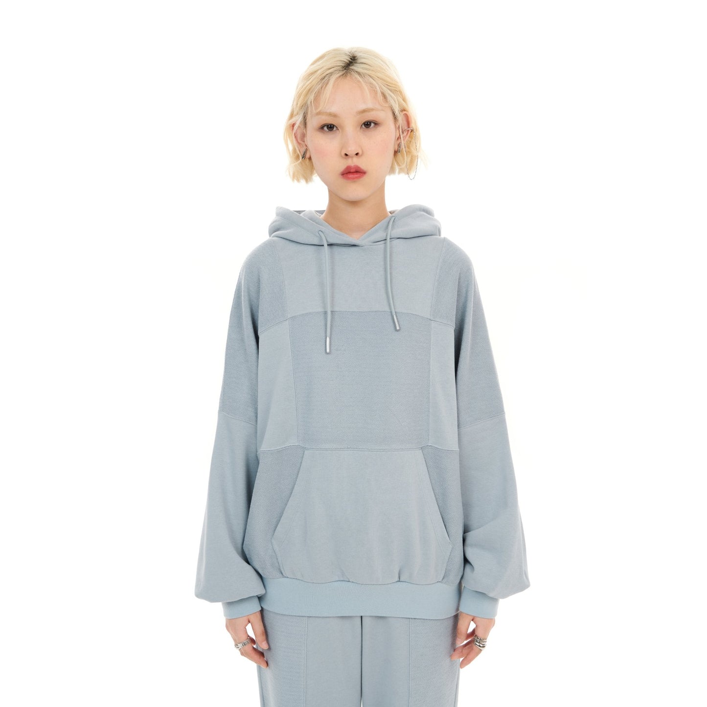 女式拼布方形連帽衫 - 淺藍色