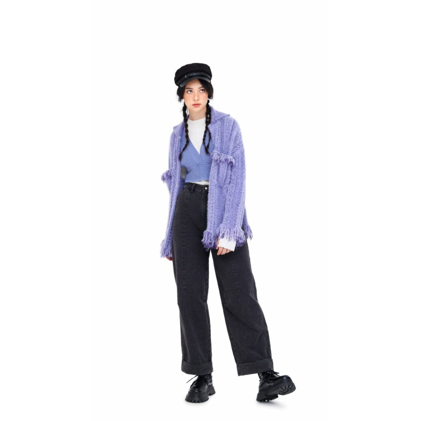 Women Retro Tweed Cardigan - Purple