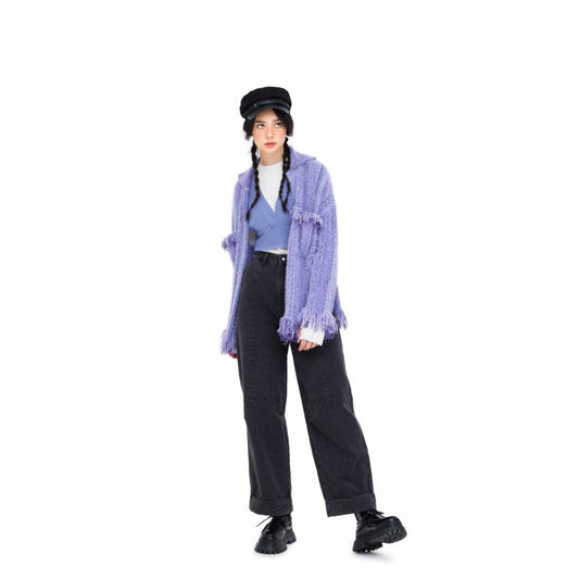 Women Retro Tweed Cardigan - Purple