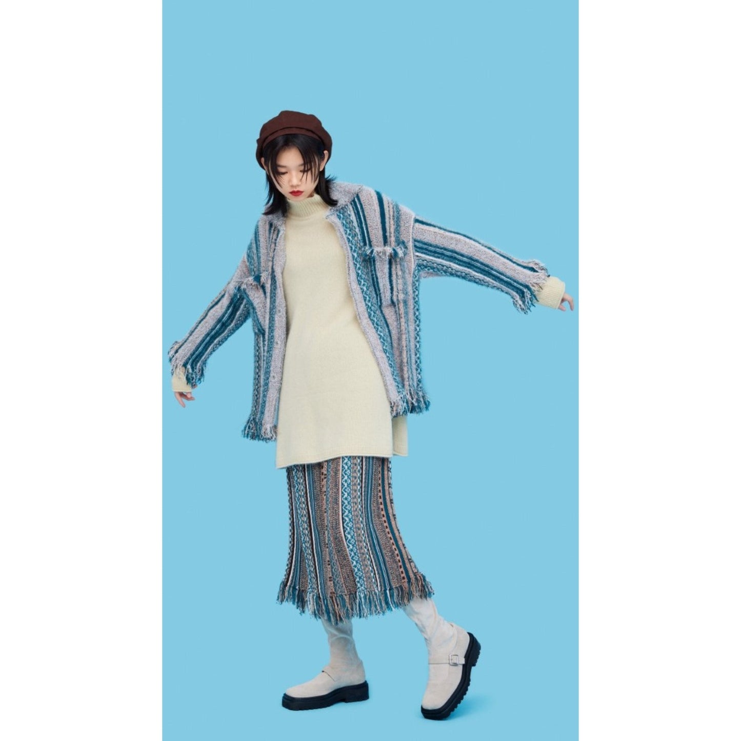 Women Retro Tweed Cardigan - Blue