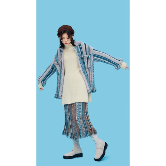 Women Retro Tweed Cardigan - Blue