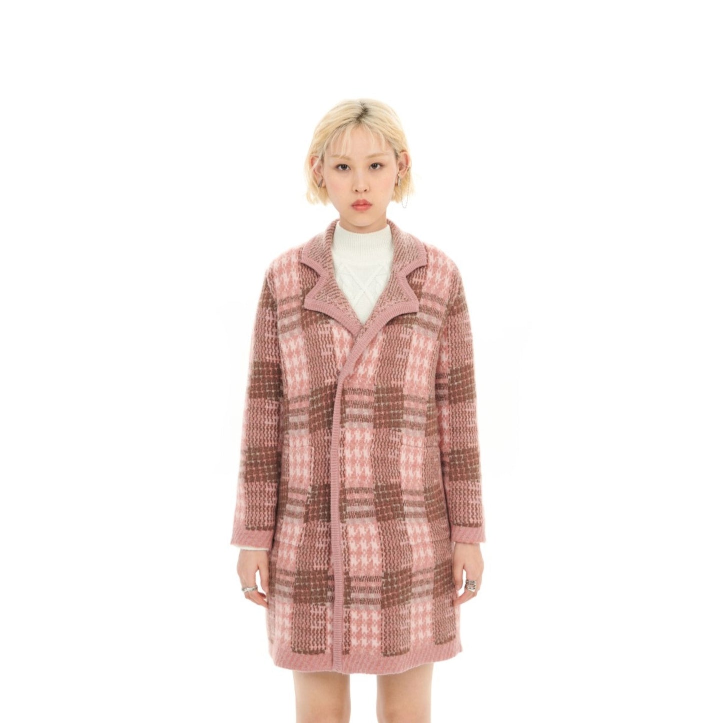 Women Jacquard Checkers Tailored Cardigan - Checkered