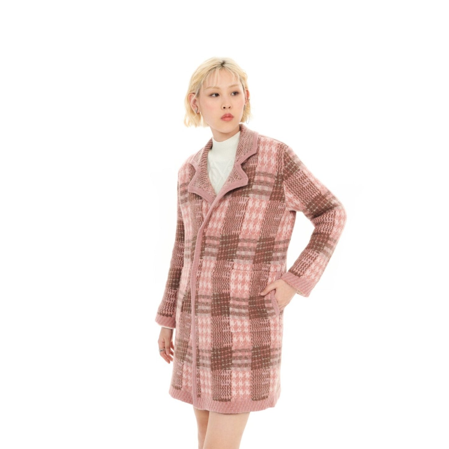 Women Jacquard Checkers Tailored Cardigan - Checkered