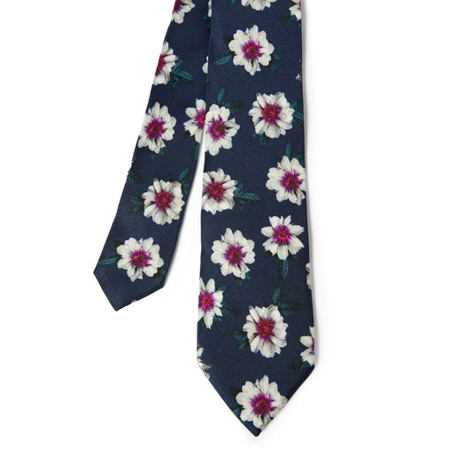 Men Reed-Floral Print Silk Tie - Navy