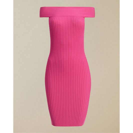 Women Rosino-Cold Shoulder Rib Bodycon Dress - Bright-Pink