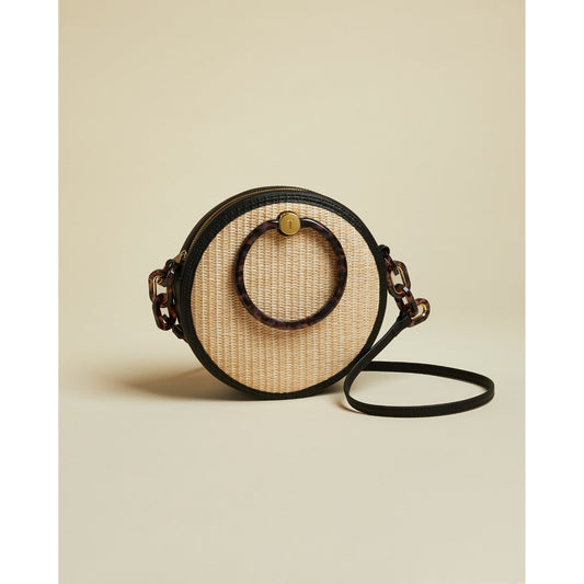Women Agneti-Resin Handle Straw Circle Bag - Black