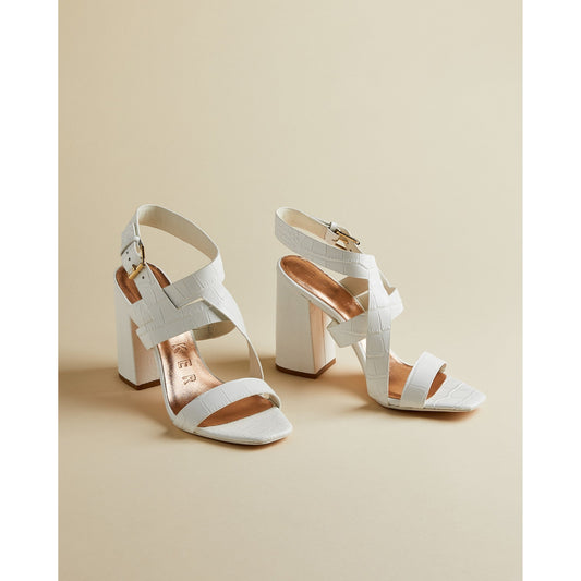 Women Kaseraa-Embossed Croc Effect Block Heeled T Sandal - White