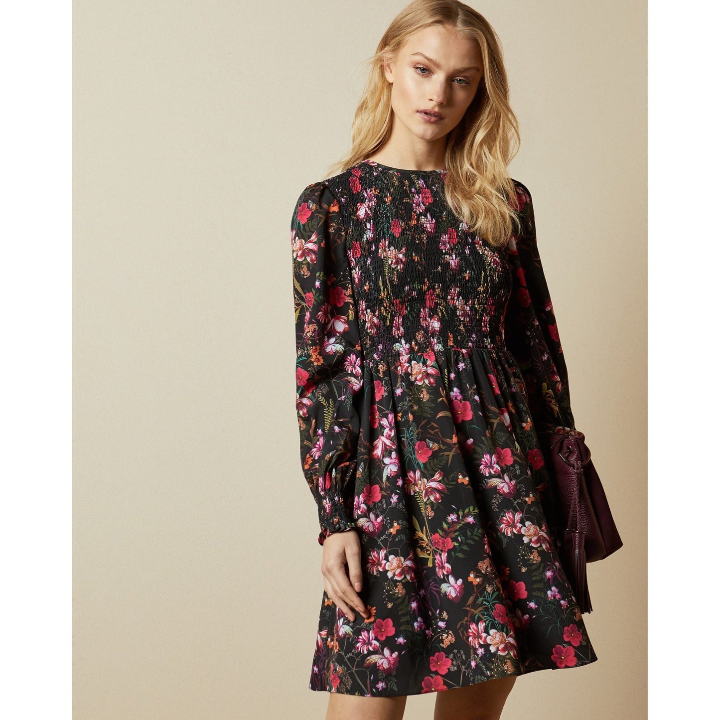 Women Aerrin-Fern Forest Smock Bodice Mini Dress - Black