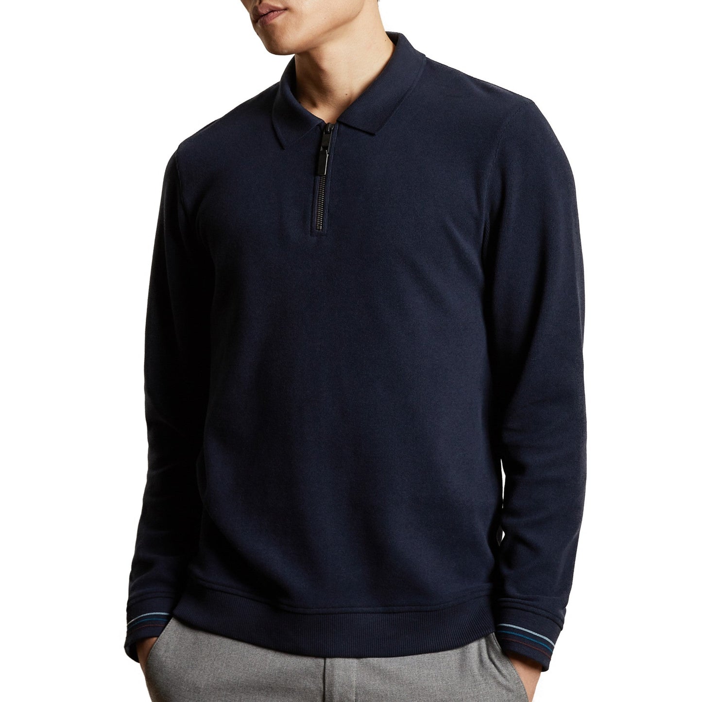Men Newcase-Ls Zip Polo With Stripe Cuffs - Navy