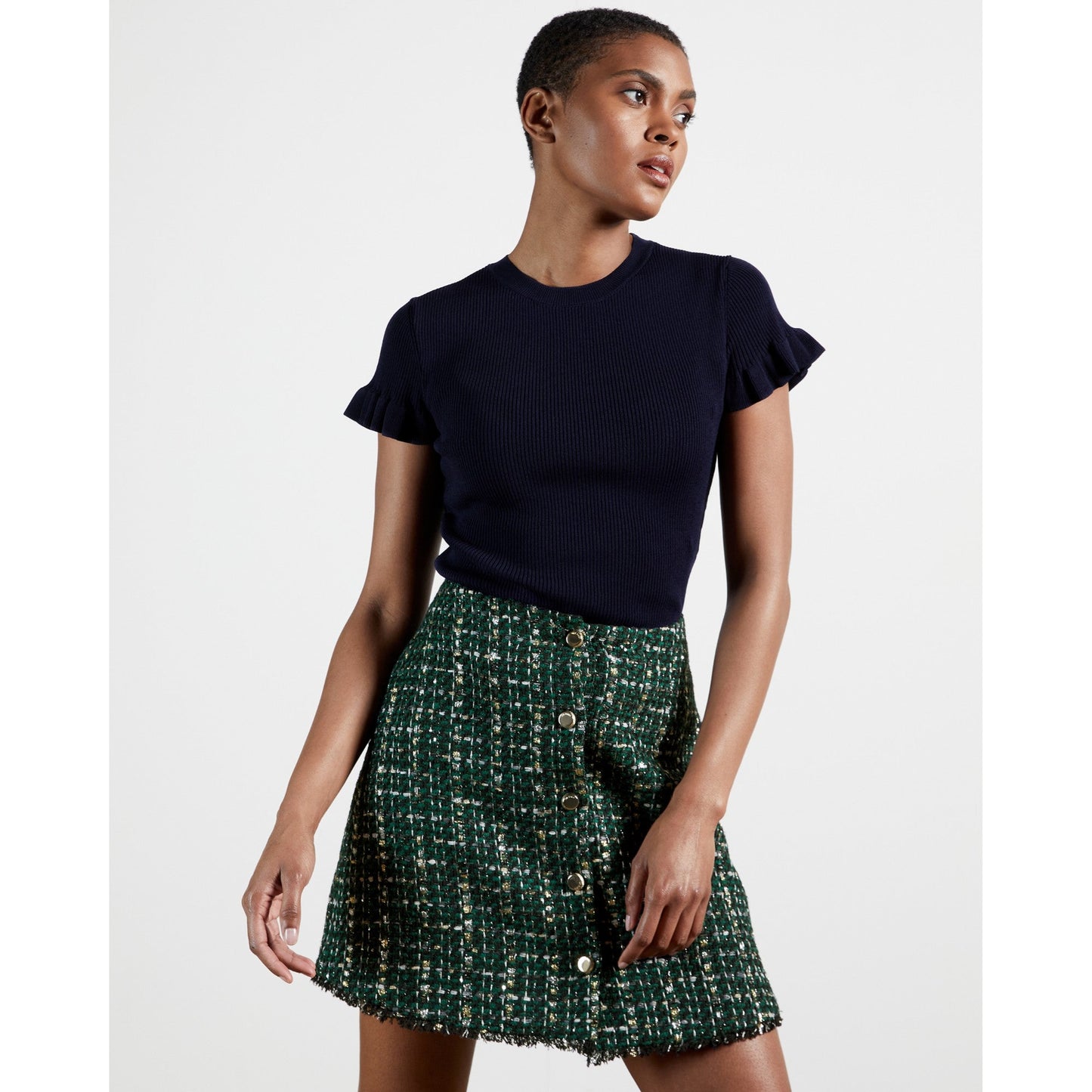 Women Tashhaa-Frill Detail Rib Knit Top - Navy