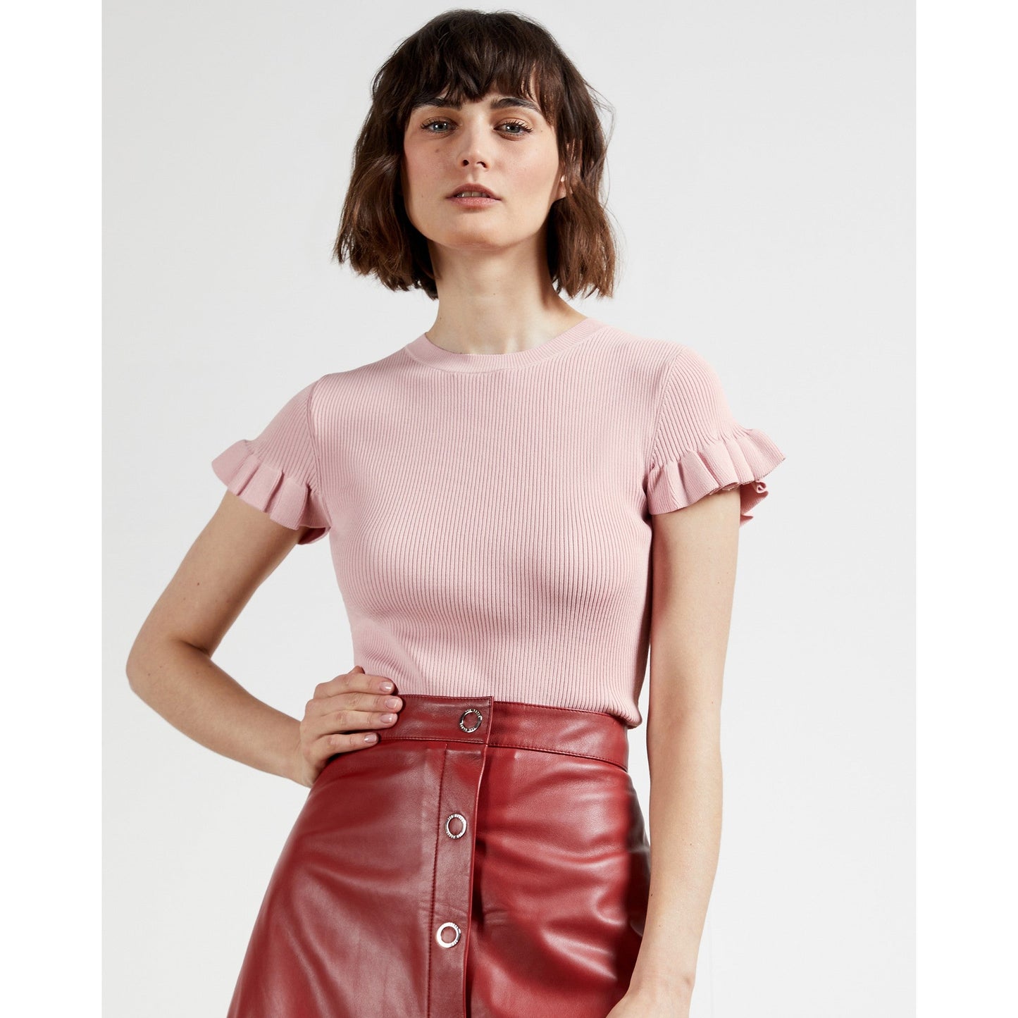 Women Tashhaa-Frill Detail Rib Knit Top - Pl-Pink