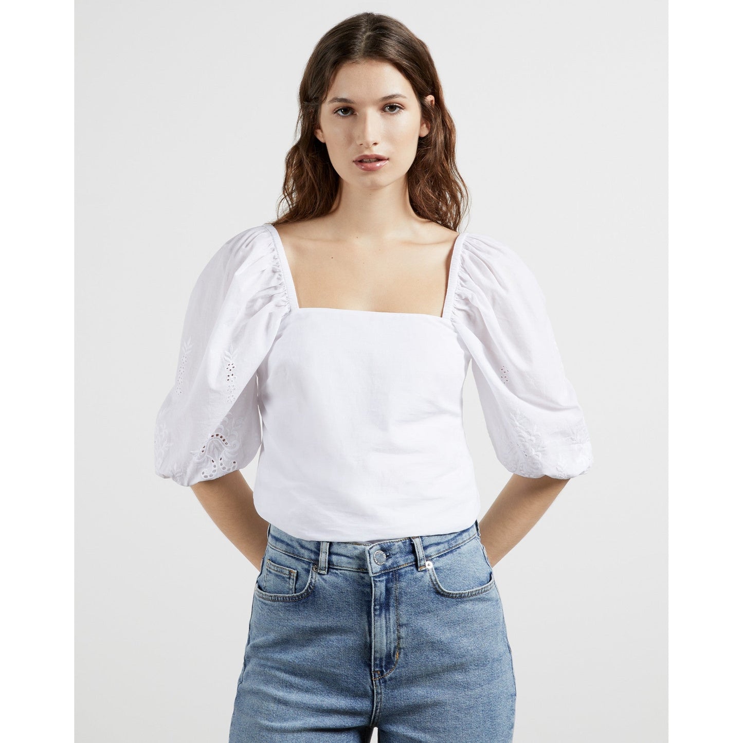 Women Ellizan-Square Neck Embroidery Sleeve Top - White