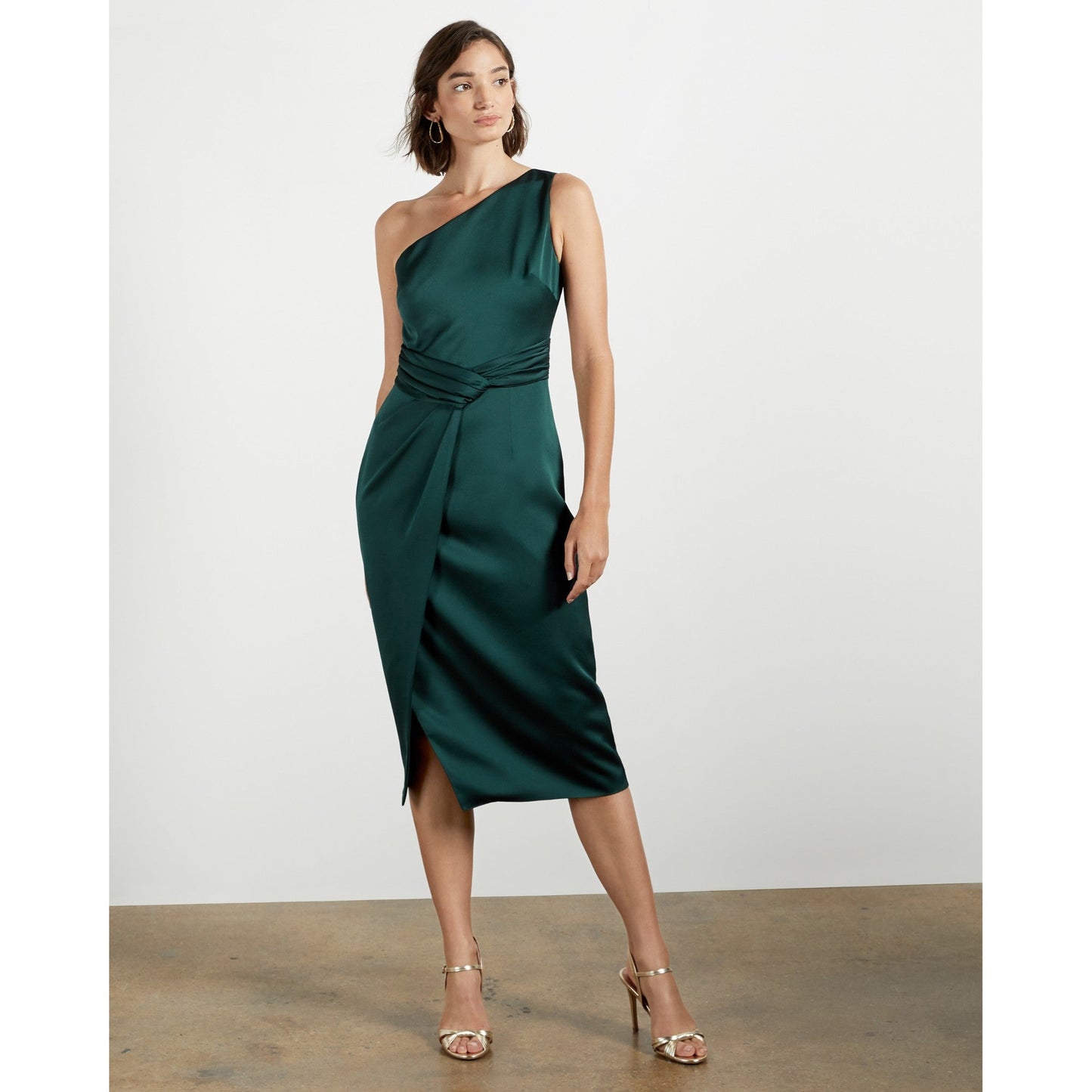 Women Zaaraa-One Shoulder Fold Detail Dress - Dark-Green
