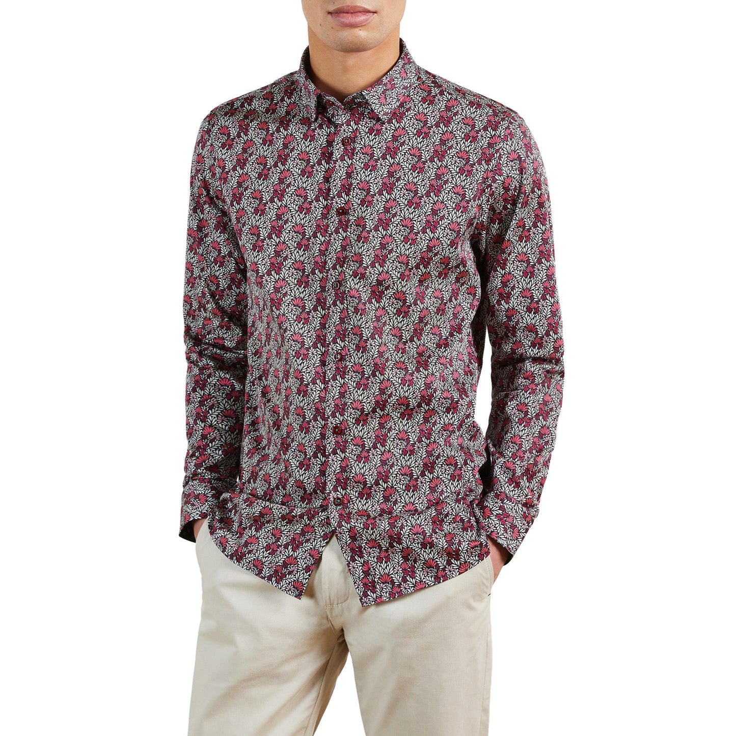 Men Bircher-Ls Leaf Print Shirt - Pink