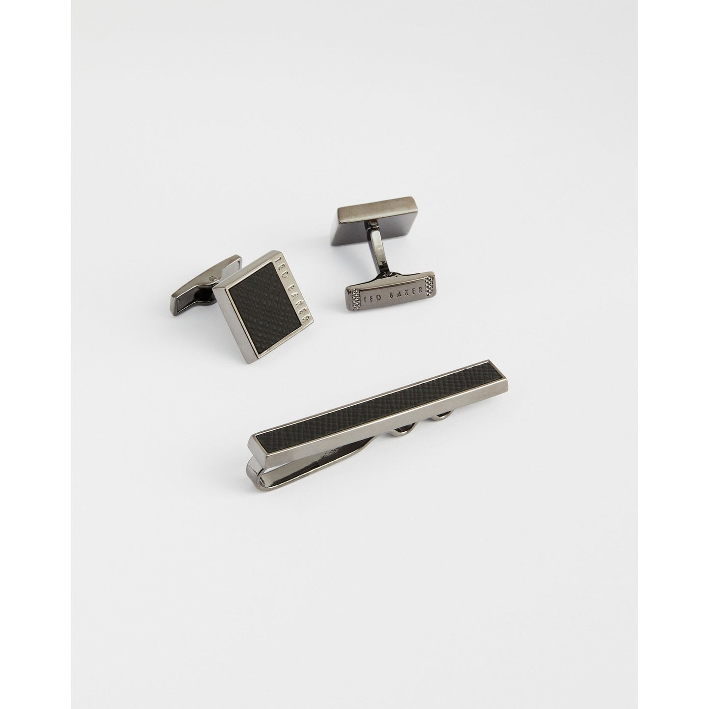 Men Hamches-Leather Insert Cufflink And Tie Bar Gift Set - Black