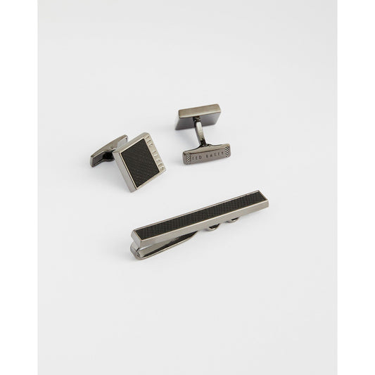Men Hamches-Leather Insert Cufflink And Tie Bar Gift Set - Black