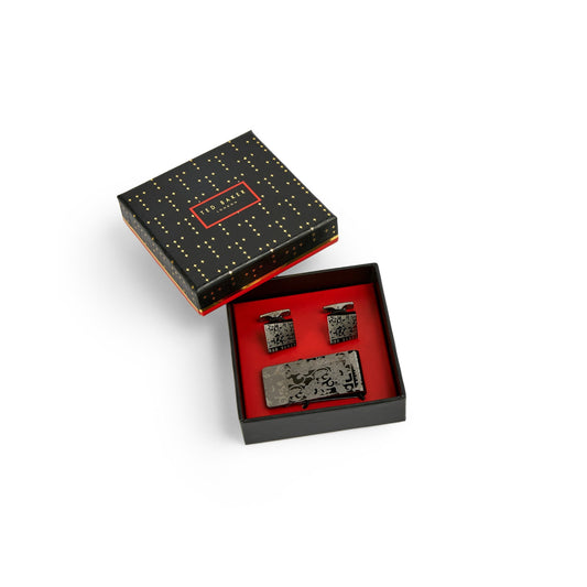 Men Hanout-Floral Cufflink And Money Clip Gift Set - Gunmetal