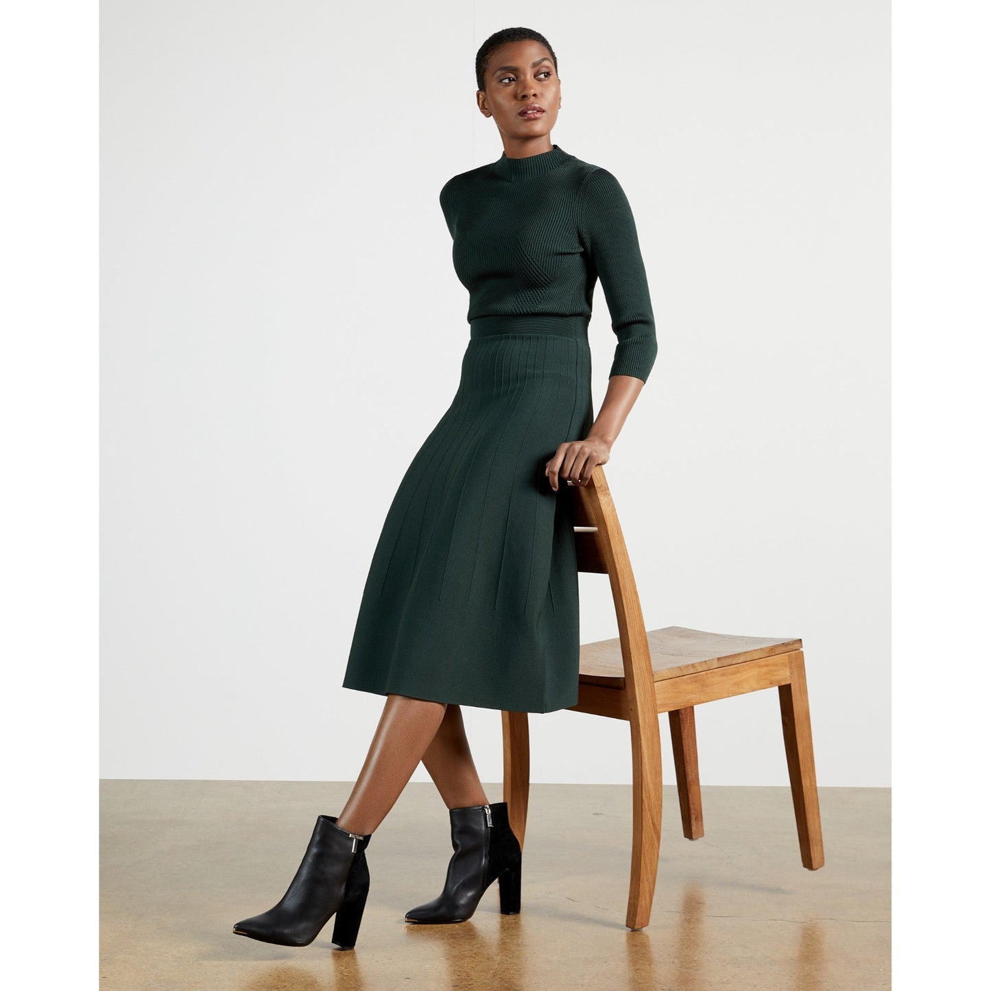 Women Franeyy-High Neck Knitted Midi Dress - Dark-Green