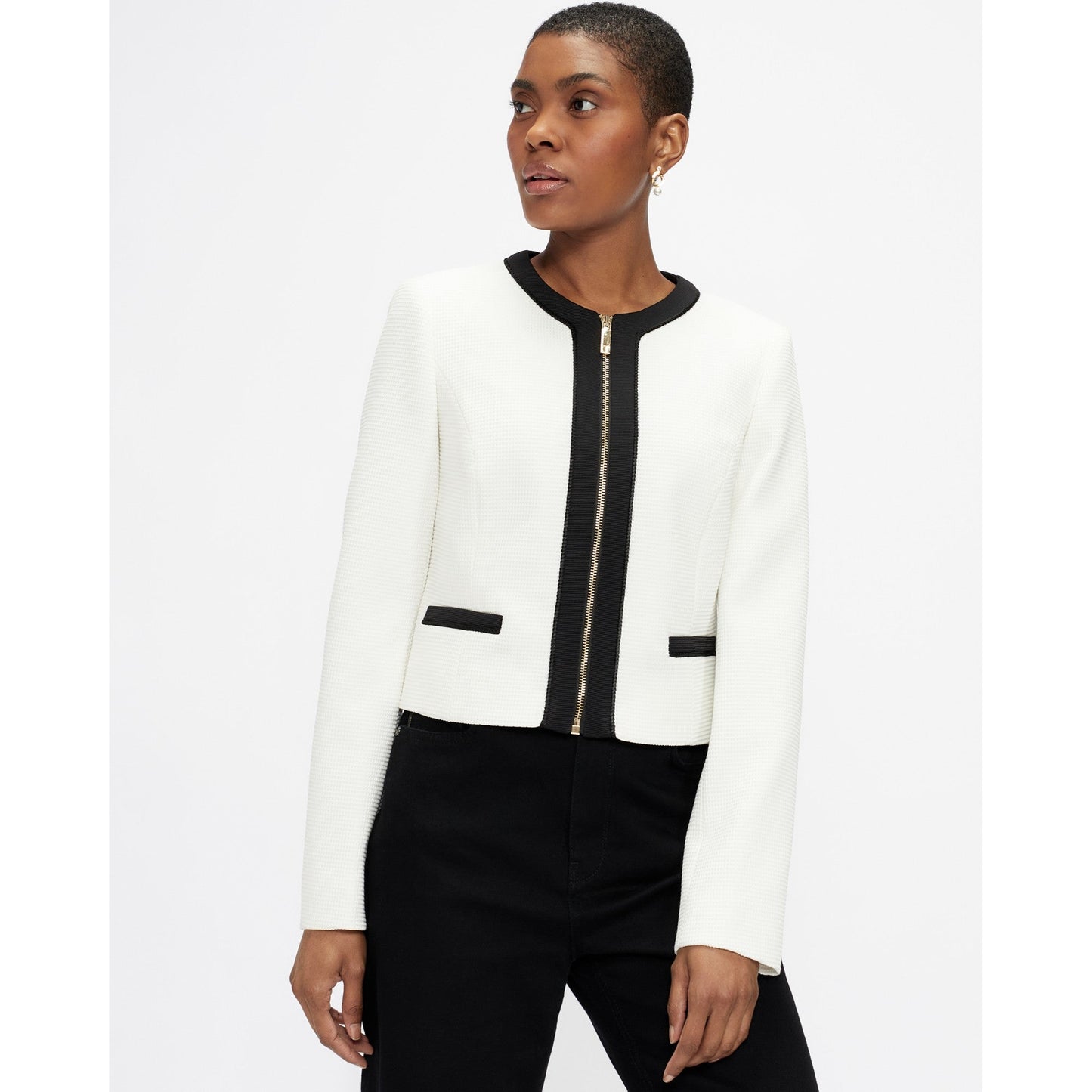 Women Ellfa-Monochrome Textured Crop Jacket - White