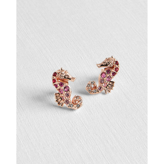 Women Seapra-Tbj2459 Seahorse Crystal Stud Earrings - Pink