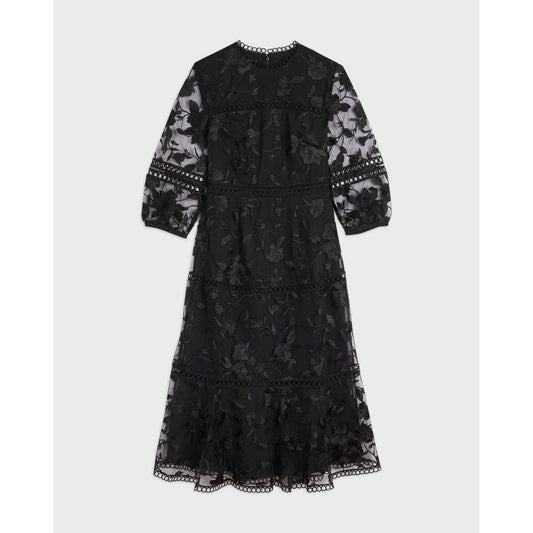 Women Minerva-Tiered Midi Dress With Lace Detail - Black