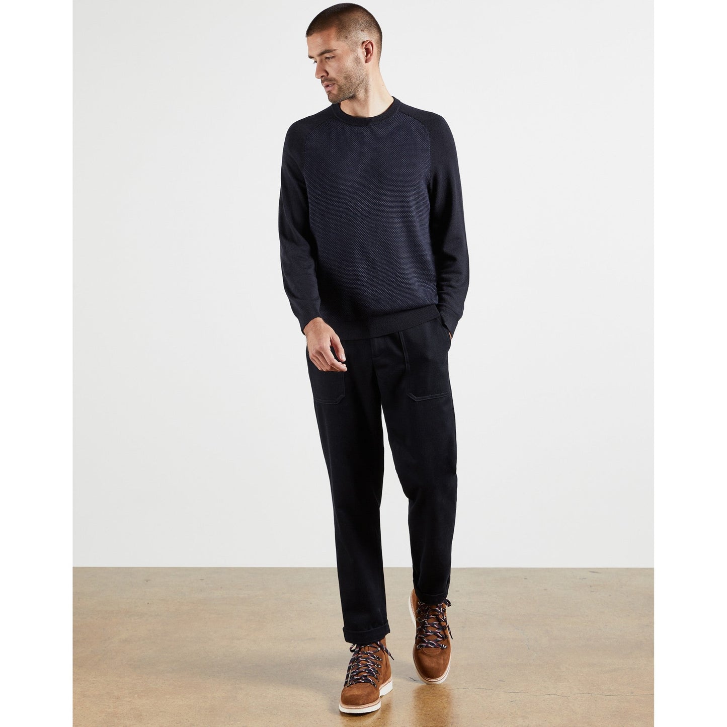 Men Newbiee-Ls Birdseye Spot Crew Neck Jumper - Navy