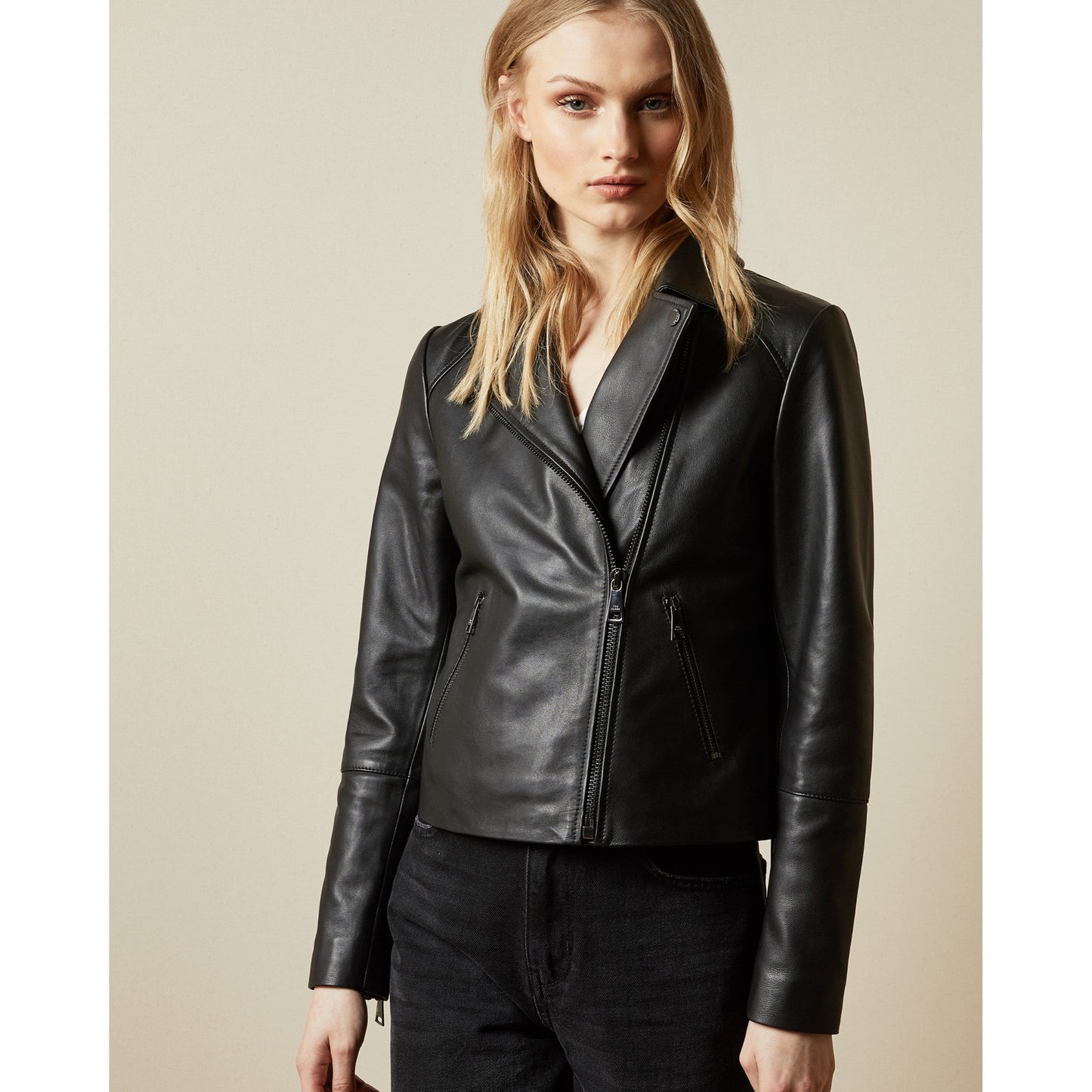 Women Janeal-Leather Biker Jacket - Black