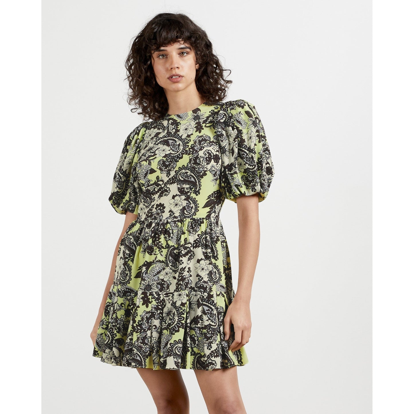 Women Remeiy-Paisley Mini Puff Sleeve Dress - Light-Yellow