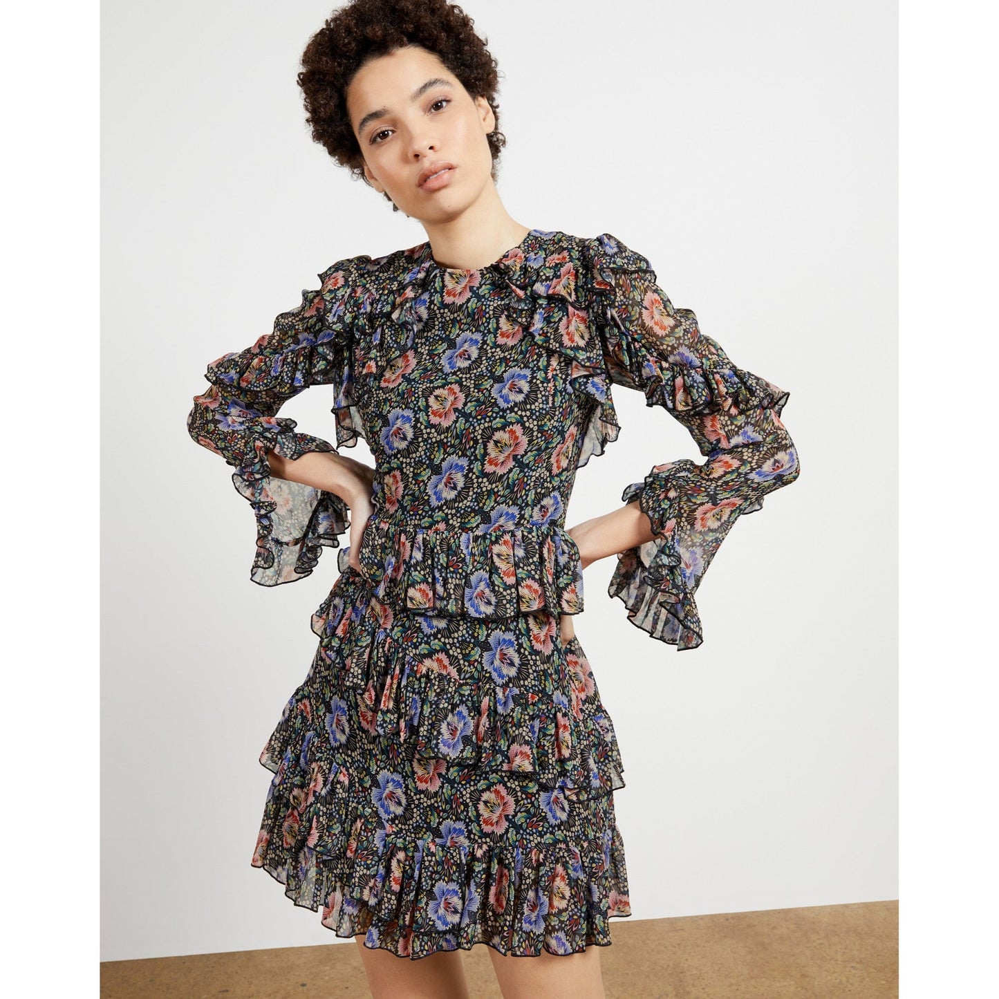 Women Peppss-Printed Long Sleeve Midi Dress - Black