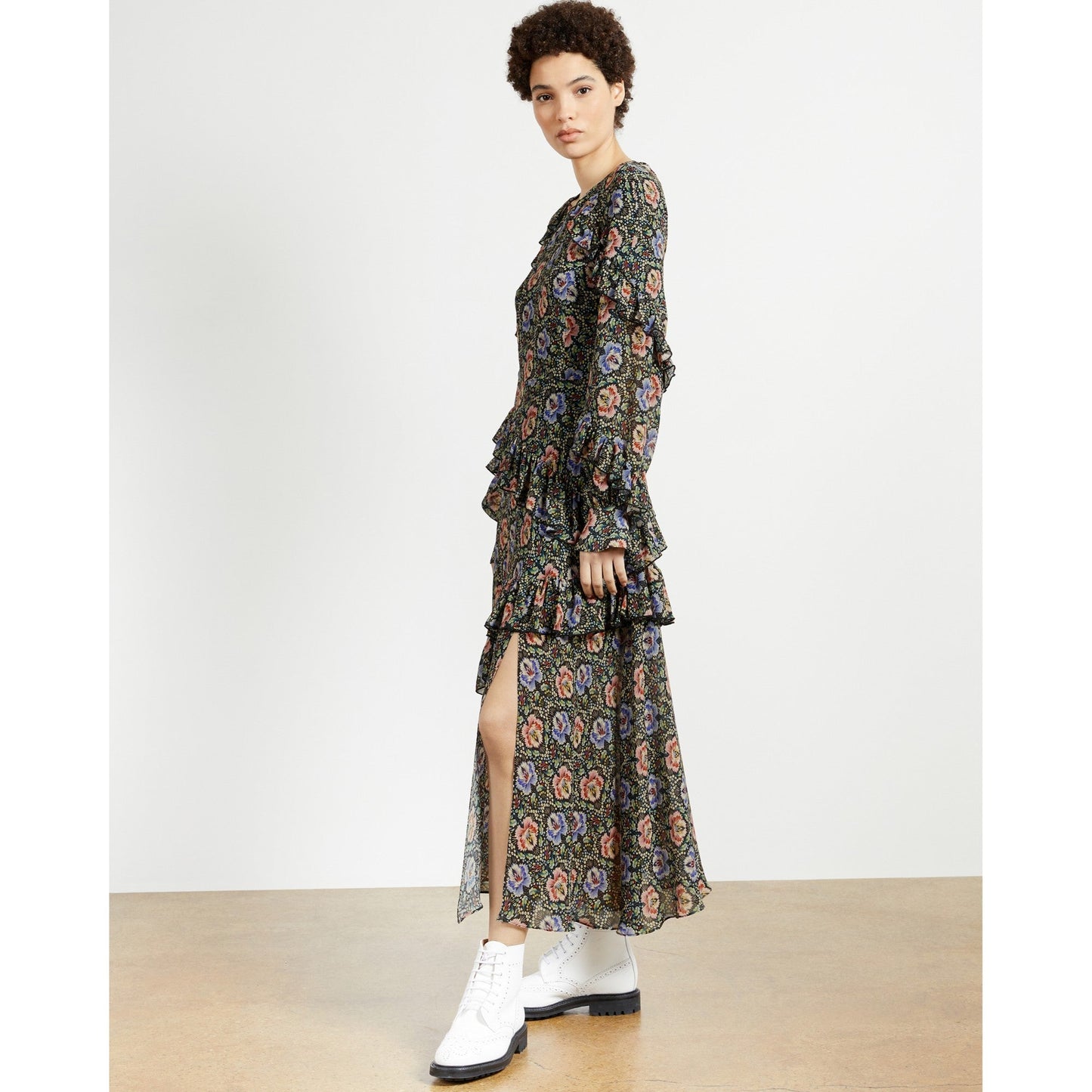 Women Tedi-Long Sleeve Printed Midi Dress - Black
