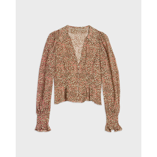 Women Flok-Printed Low V Neck Top - Mid-Pink