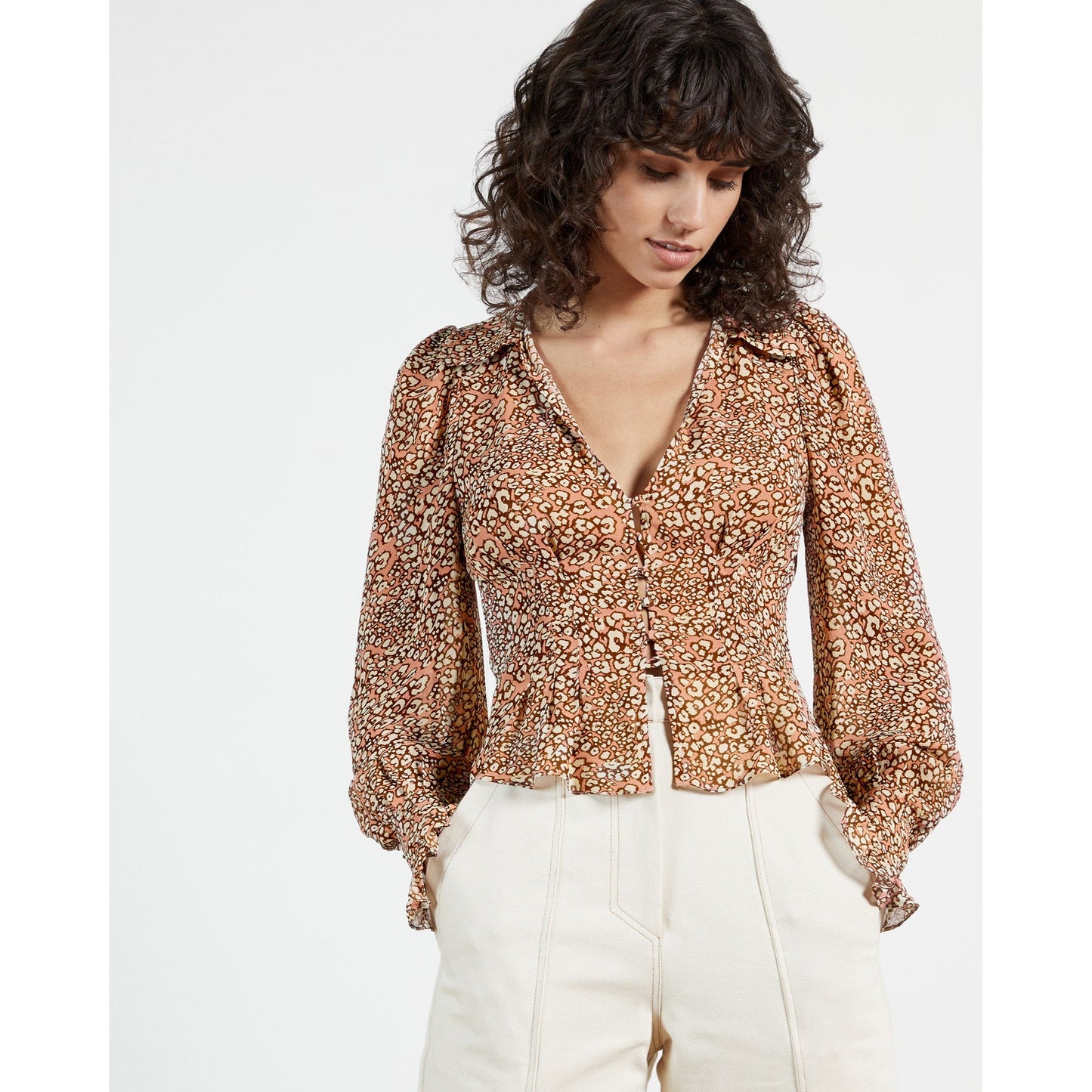 Women Flok-Printed Low V Neck Top - Mid-Pink