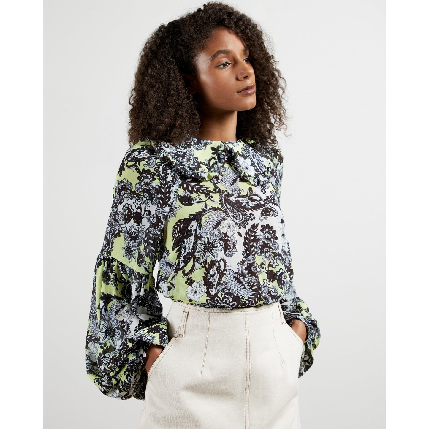 Women Paislo-Paisley Volume Sleeve Shirt - Light-Yellow