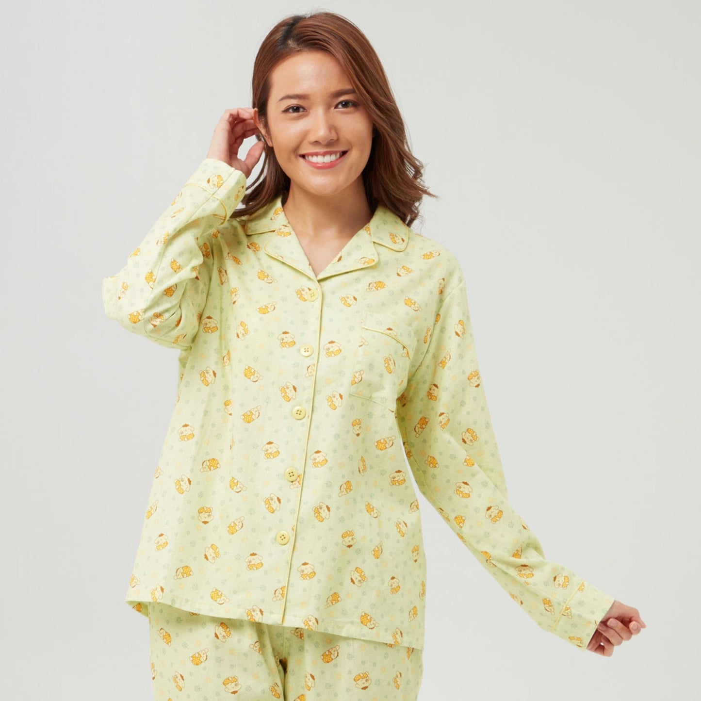 Sanrio Hello Kitty Print Long Pajamas Set- Long Sleeve Tops And Pants (Limited For Hong Kong & Macao) - Pompompurin Print