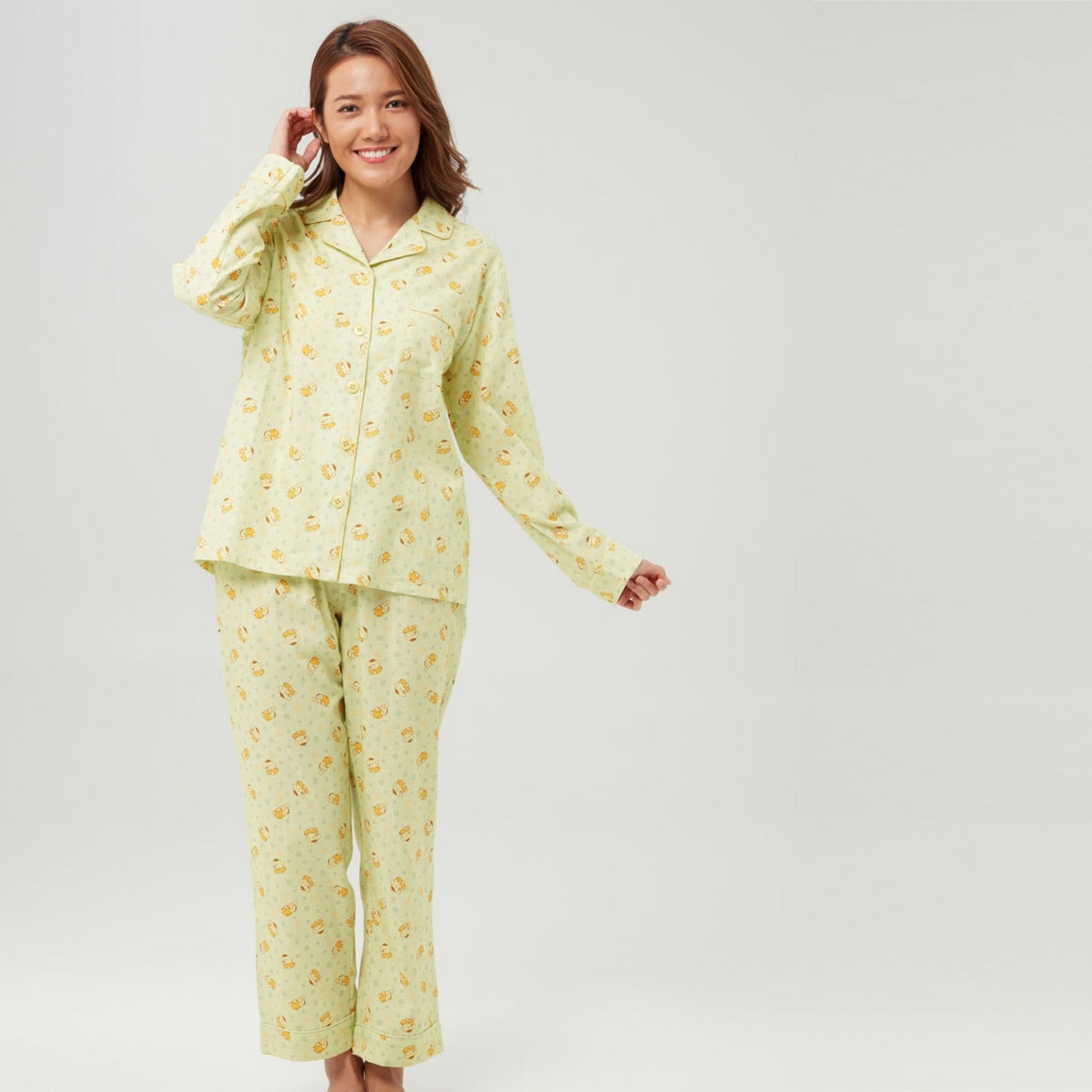 Sanrio Hello Kitty Print Long Pajamas Set- Long Sleeve Tops And Pants (Limited For Hong Kong & Macao) - Pompompurin Print