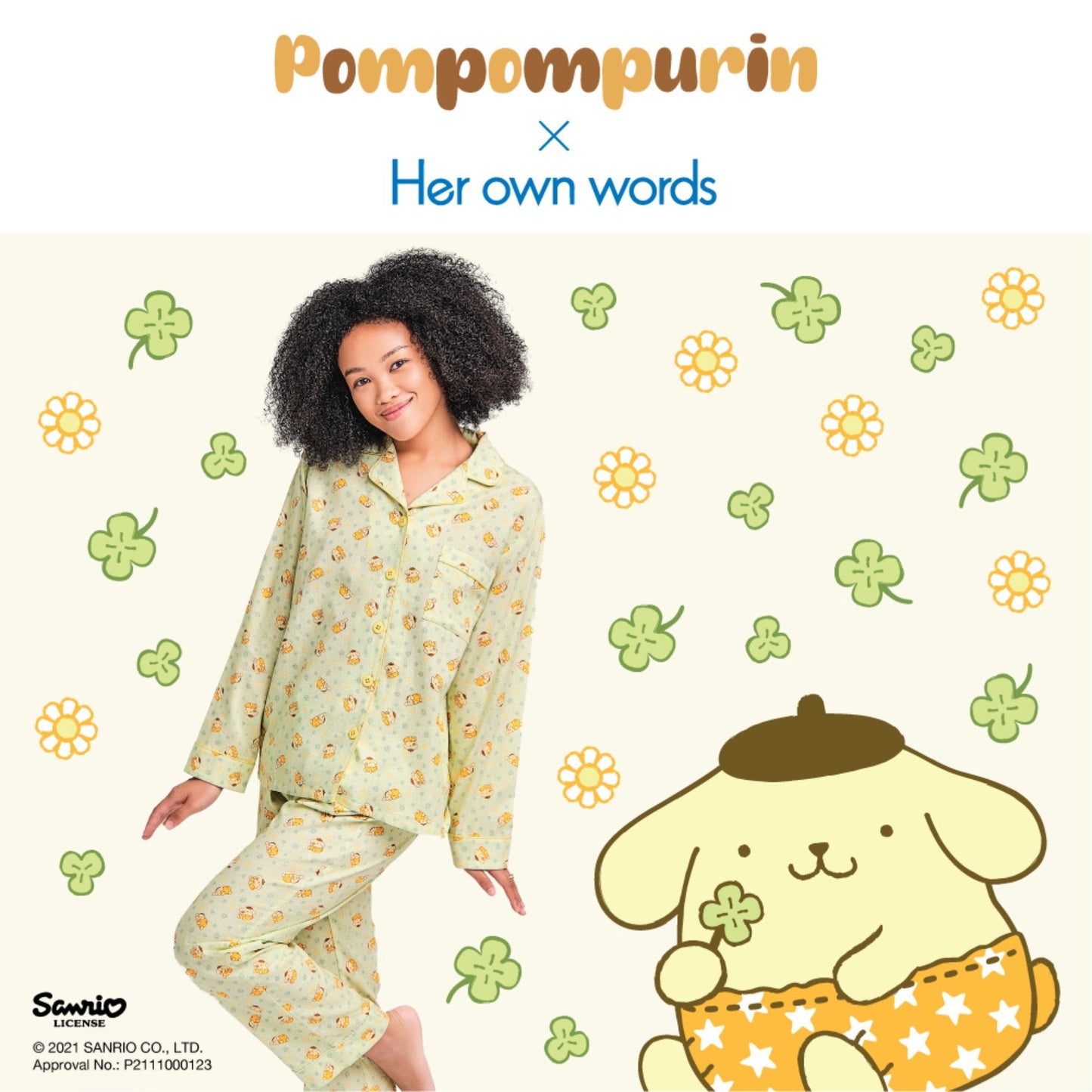 Sanrio Hello Kitty Print Long Pajamas Set- Long Sleeve Tops And Pants (Limited For Hong Kong & Macao) - Pompompurin Print