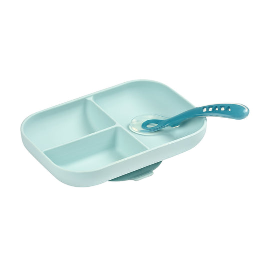 Silicone Suction Divided Plate + 2nd Stage Spoon - Blue