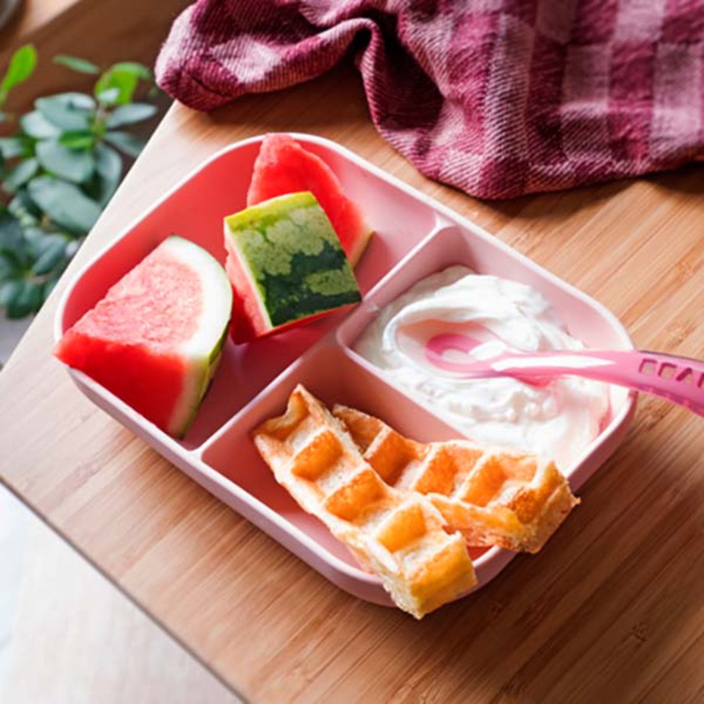 Silicone Suction Divided Plate + 2nd Stage Spoon - Pink