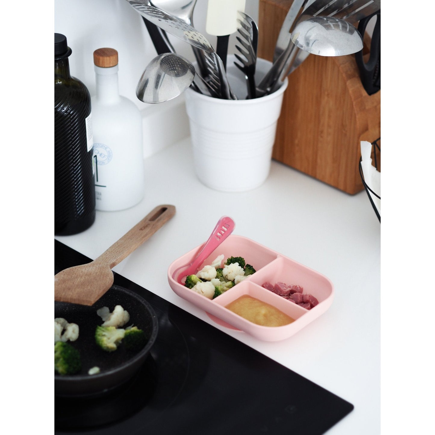 Silicone Suction Divided Plate + 2nd Stage Spoon - Pink