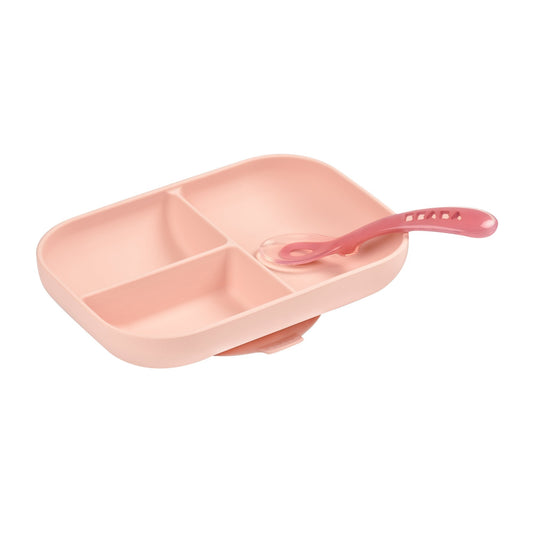 Silicone Suction Divided Plate + 2nd Stage Spoon - Pink