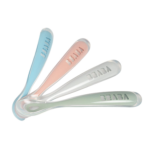 Set of 4 Ergonomic 1st Stage Silicone Spoons - Eucalyptus (Assorted Colors Windy Blue/Eucalyptus Green/Light Mist/Old Pink)